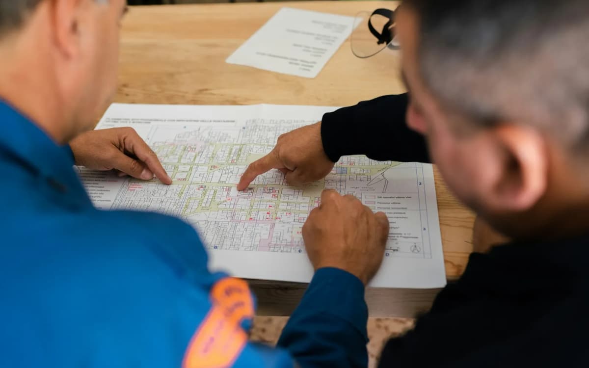 Two people pointing at printed building plans spread across a table