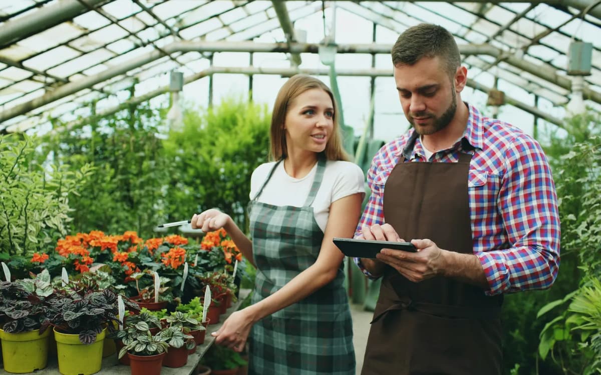 Garden center owners checking plant stock against a tablet inside a greenhouse