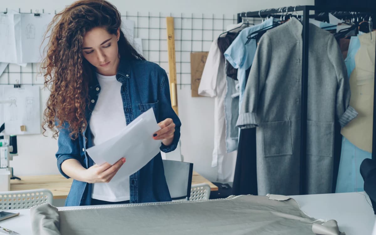 Owner of a clothing studio reading a printed letter at her work table