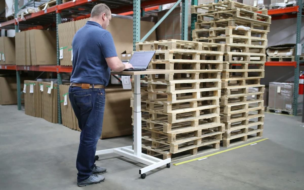 Wholesale business owner working on a laptop at a standing desk beside pallets and shelving in the warehouse