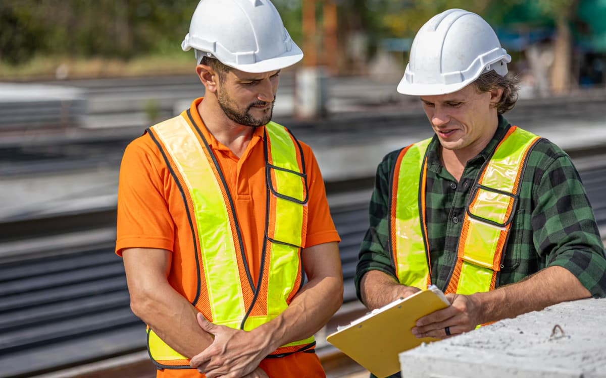 Two contractors in hard hats going over paperwork on a clipboard at a job site
